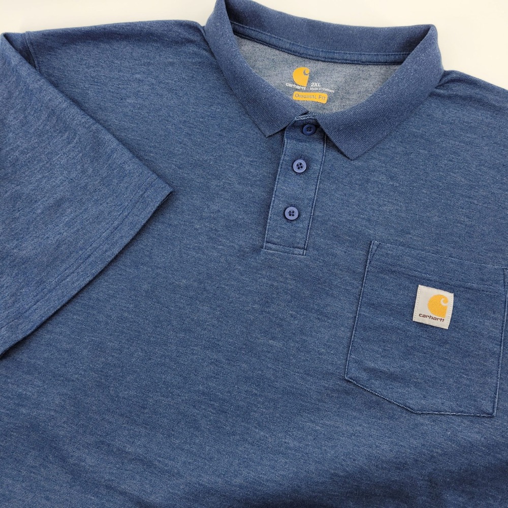 Carhartt Mens 2XL Blue Heathered Short Sleeve Pocket Polo Shirt Outdoor Workwear